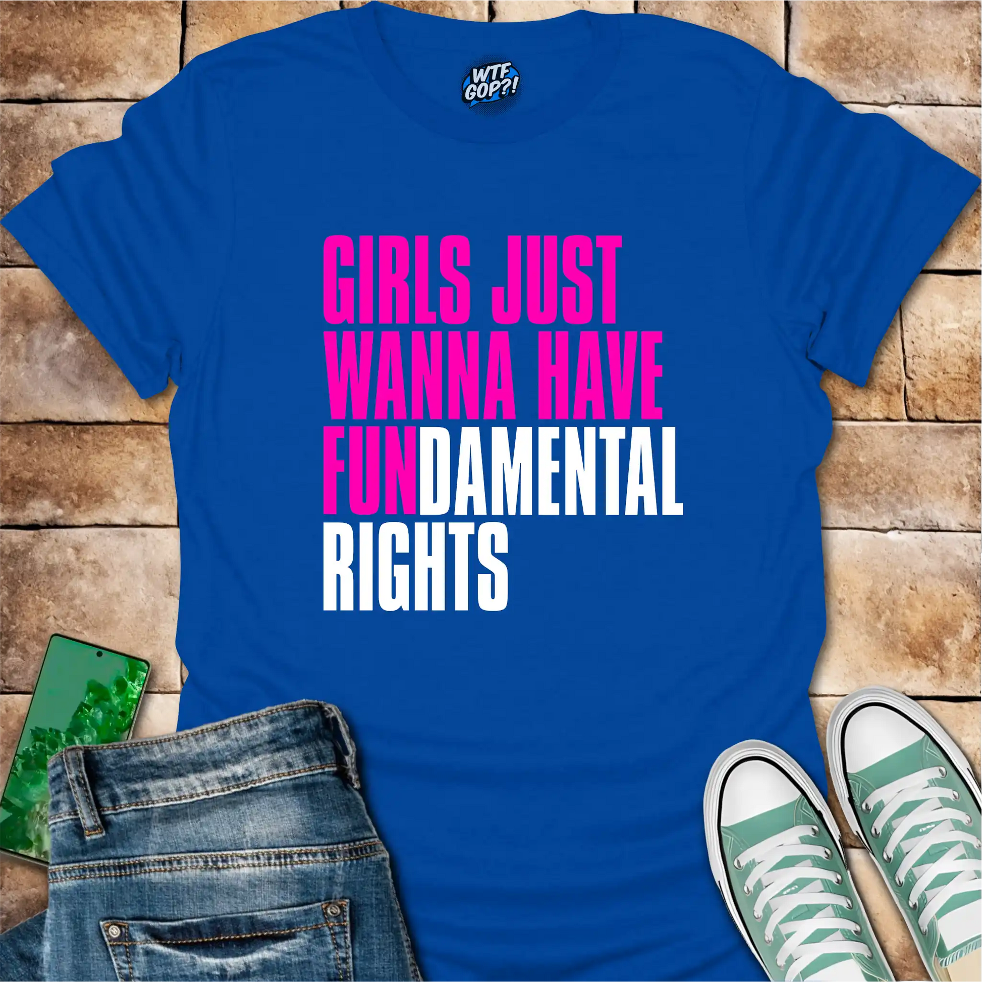 Royal Blue Girls Want Fundamental Rights t-shirt with vibrant pink lettering