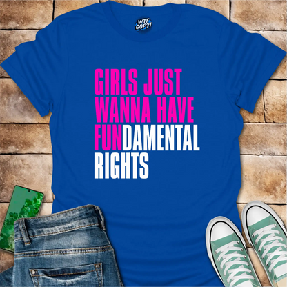 Royal Blue Girls Want Fundamental Rights t-shirt with vibrant pink lettering