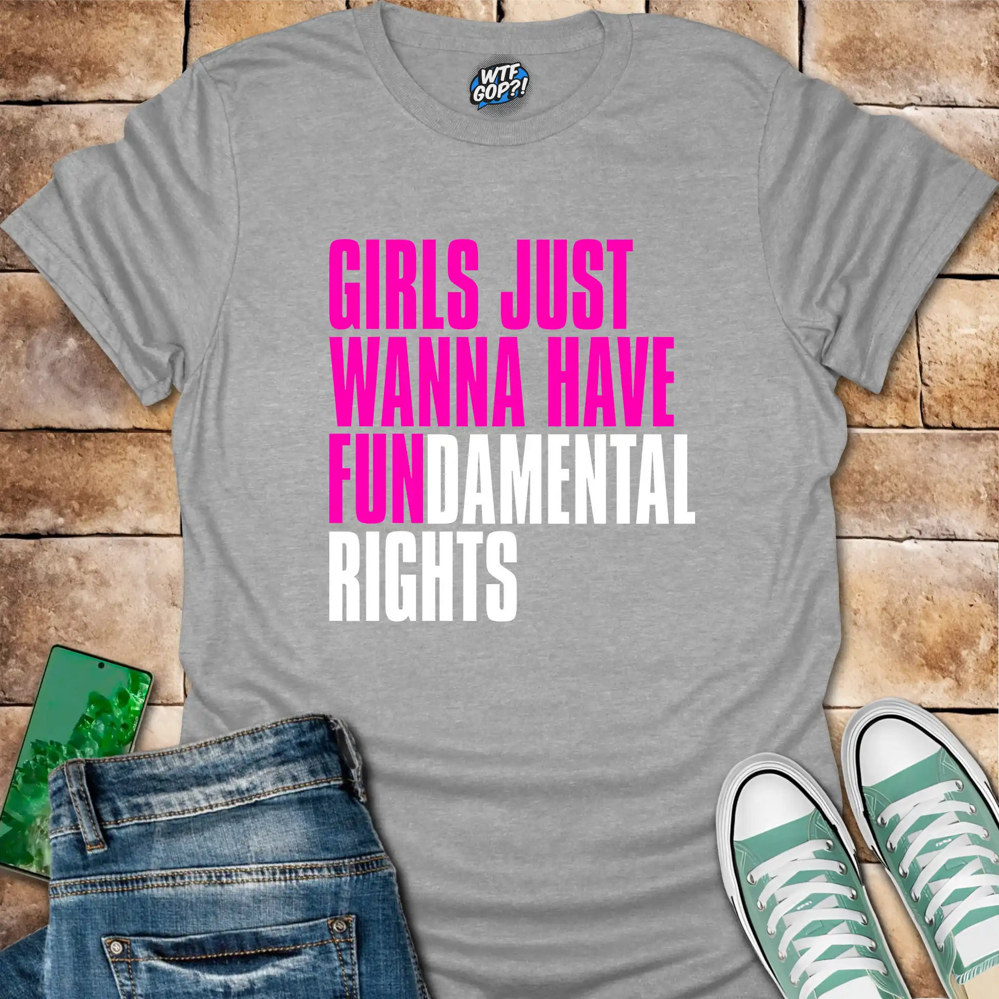 Sport Grey Girls Want Fundamental Rights t-shirt with vibrant pink lettering