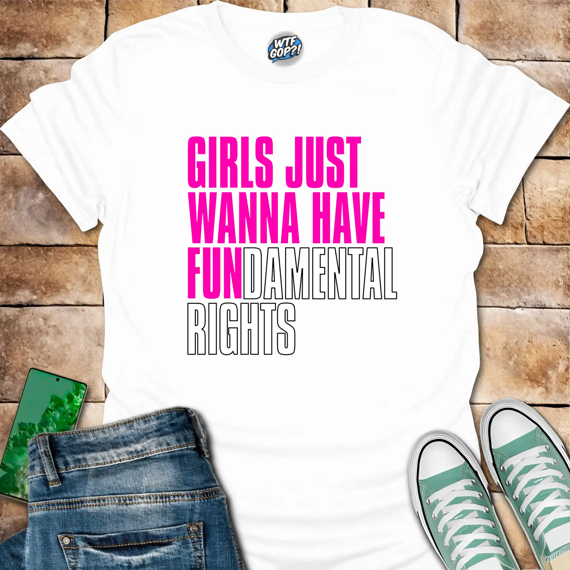 White Girls Want Fundamental Rights t-shirt with vibrant pink lettering