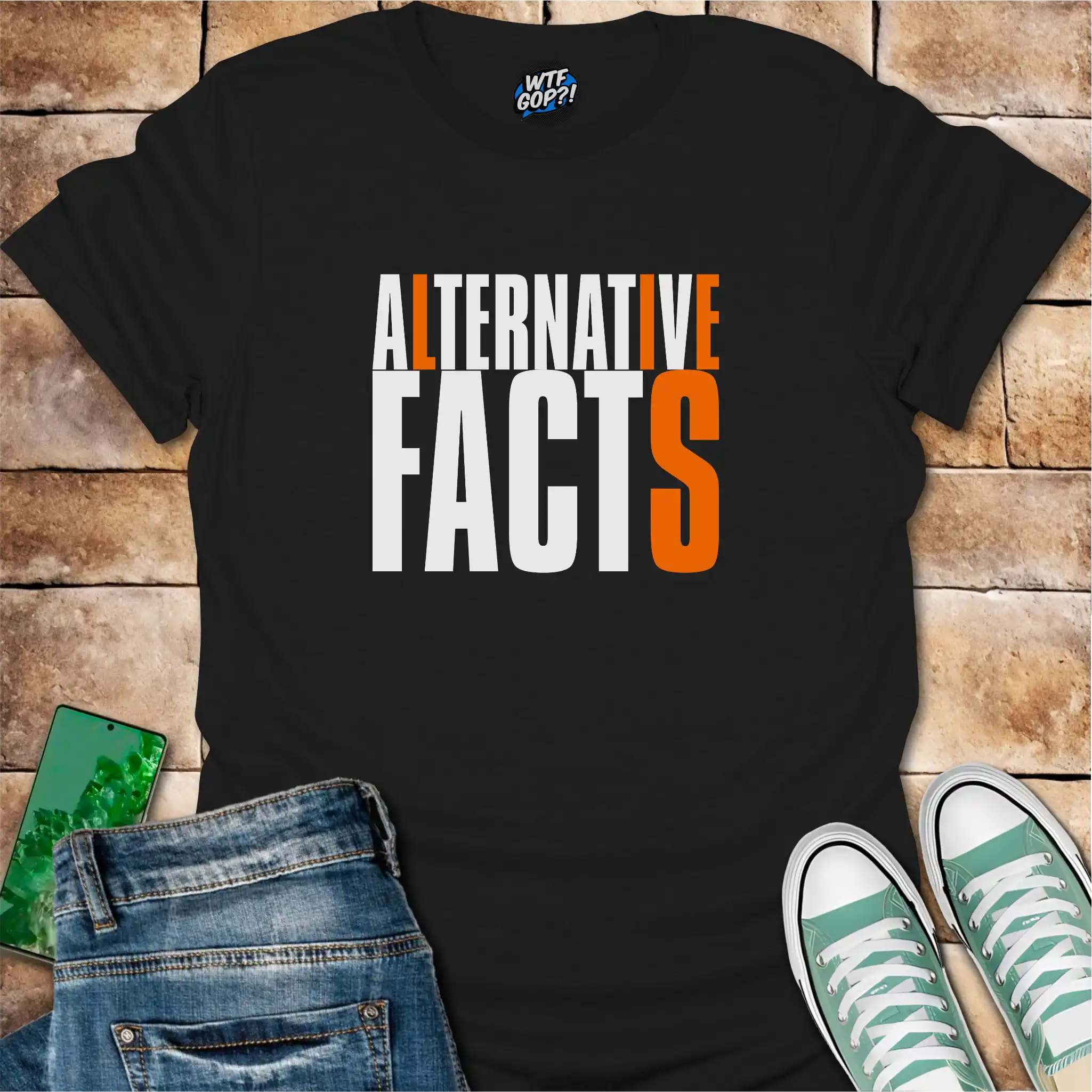 Black Alternative Facts Lies t-shirt with contrasting orange highlighted letters