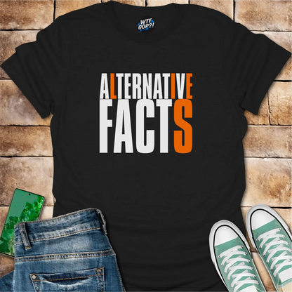 Black Alternative Facts Lies t-shirt with contrasting orange highlighted letters