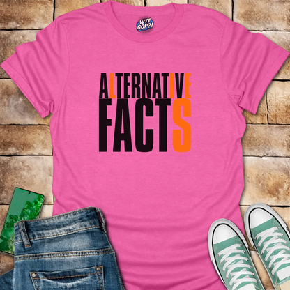 Pink Alternative Facts Lies t-shirt with contrasting orange highlighted letters