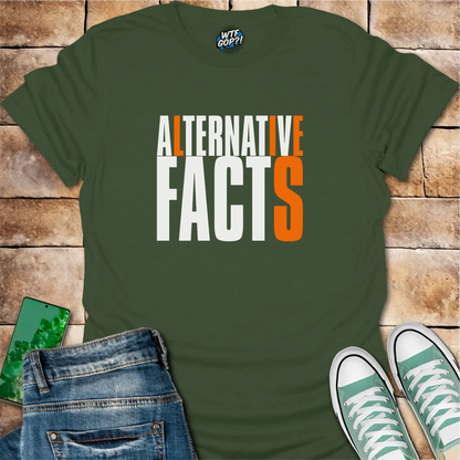 Military Green Alternative Facts Lies t-shirt with contrasting orange highlighted letters