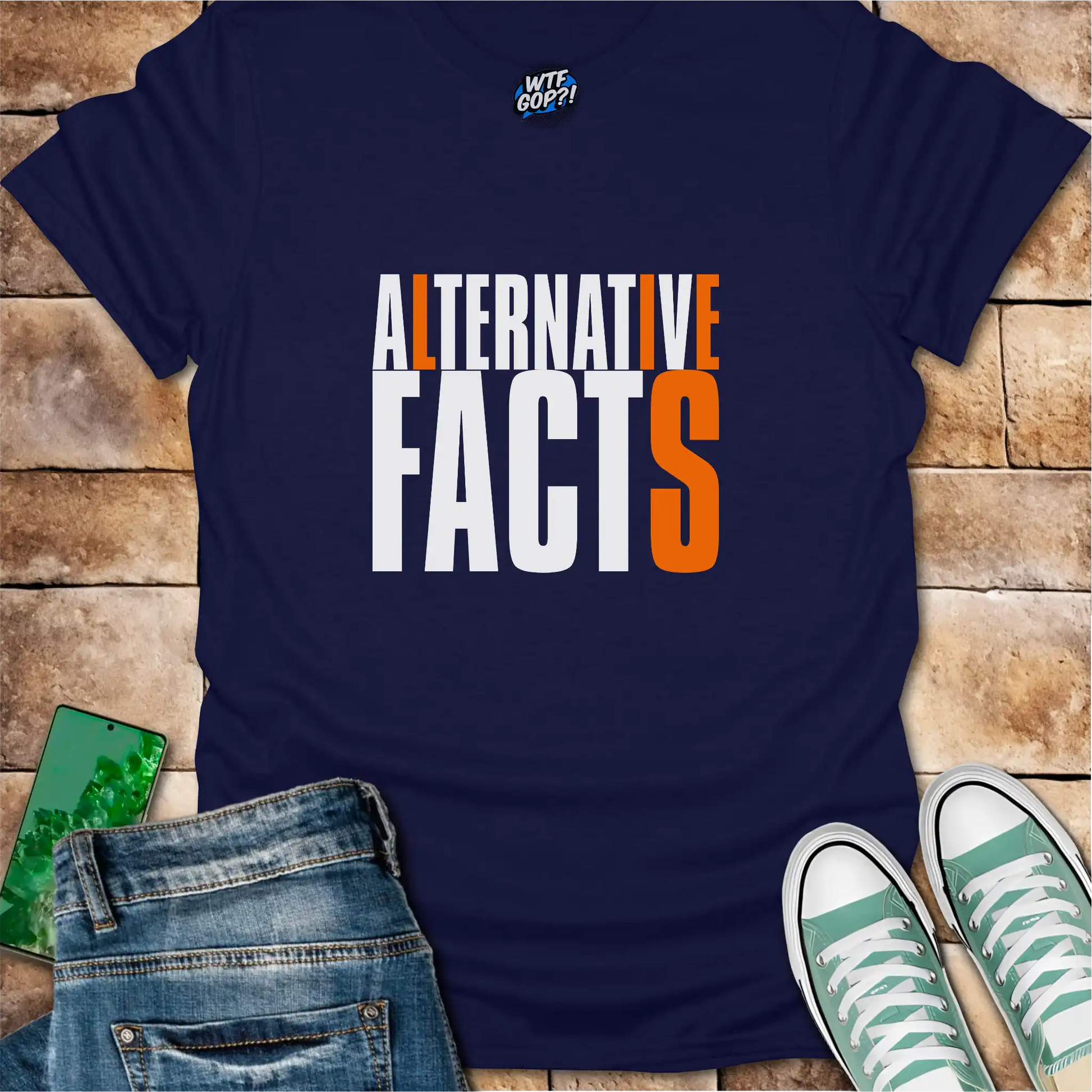 Navy Blue Alternative Facts Lies t-shirt with contrasting orange highlighted letters