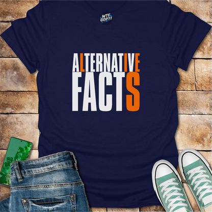 Navy Blue Alternative Facts Lies t-shirt with contrasting orange highlighted letters