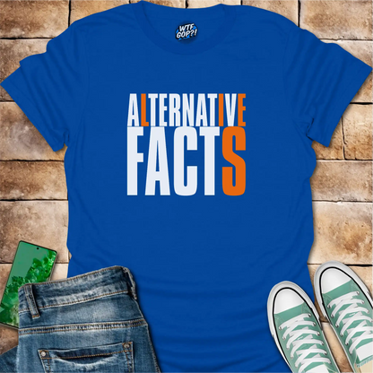 Royal Blue Alternative Facts Lies t-shirt with contrasting orange highlighted letters