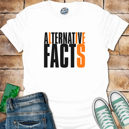 White Alternative Facts Lies t-shirt with contrasting orange highlighted letters