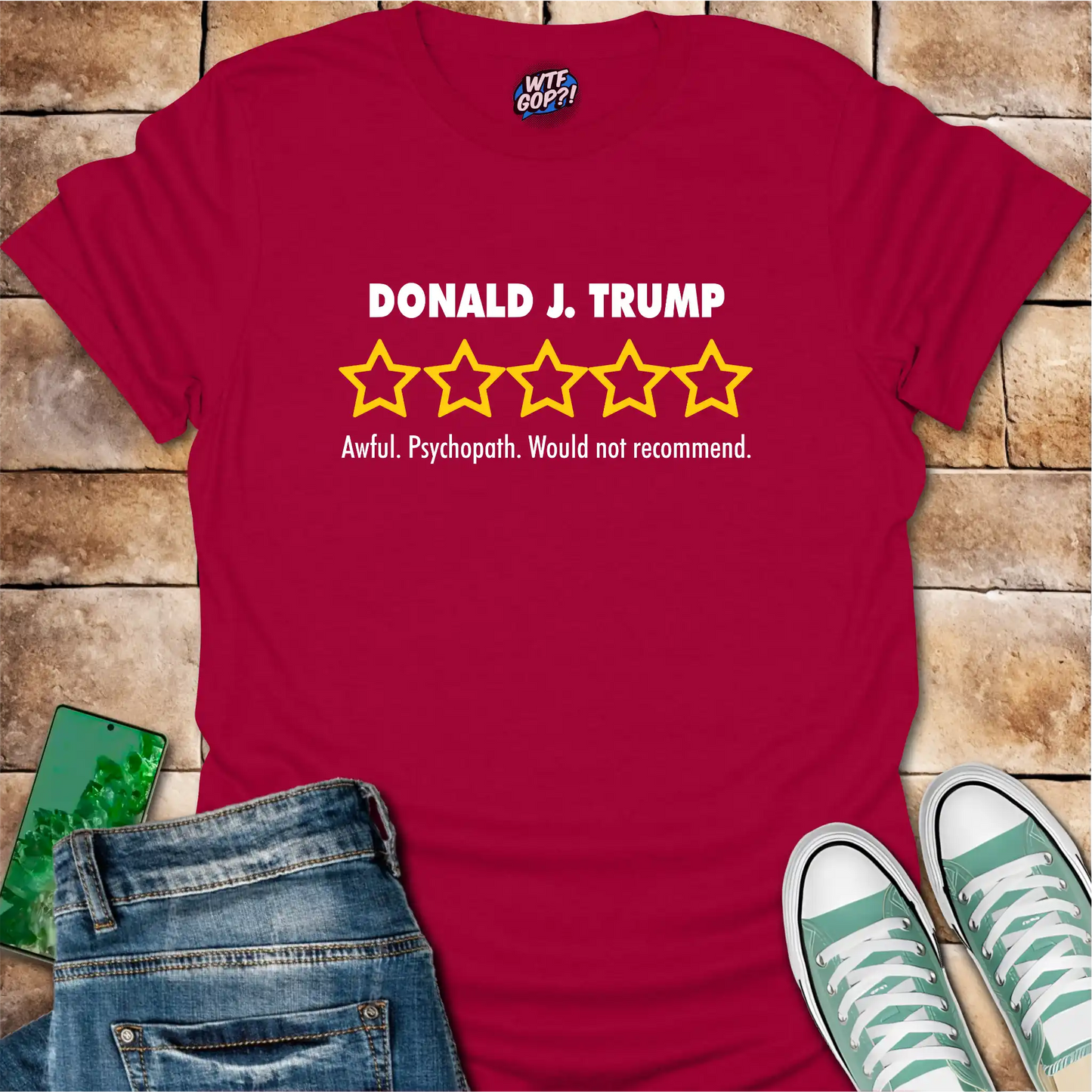 Cherry Red Trump Review t-shirt with empty five-star political critique