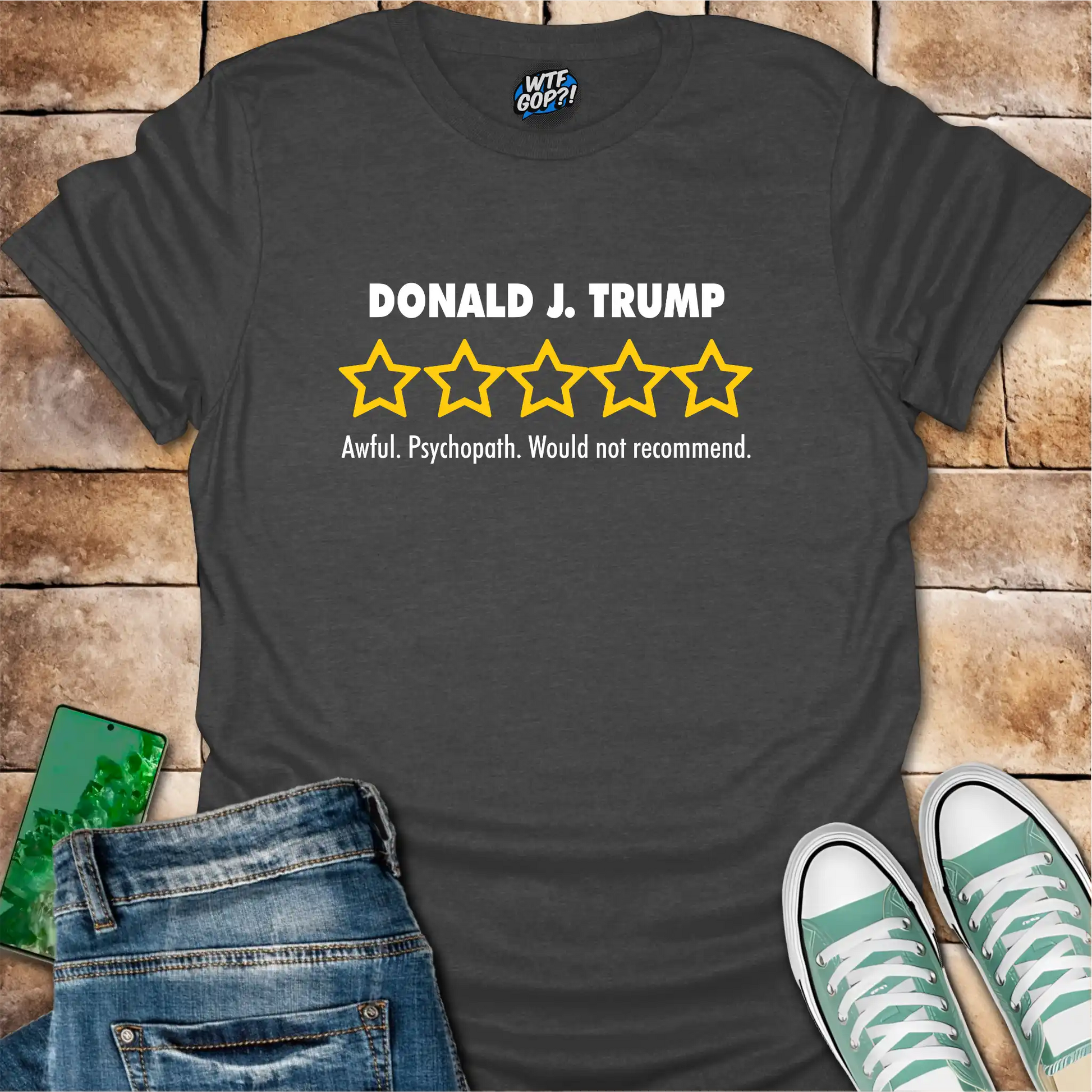 Military Green Trump Review t-shirt with empty five-star political critique