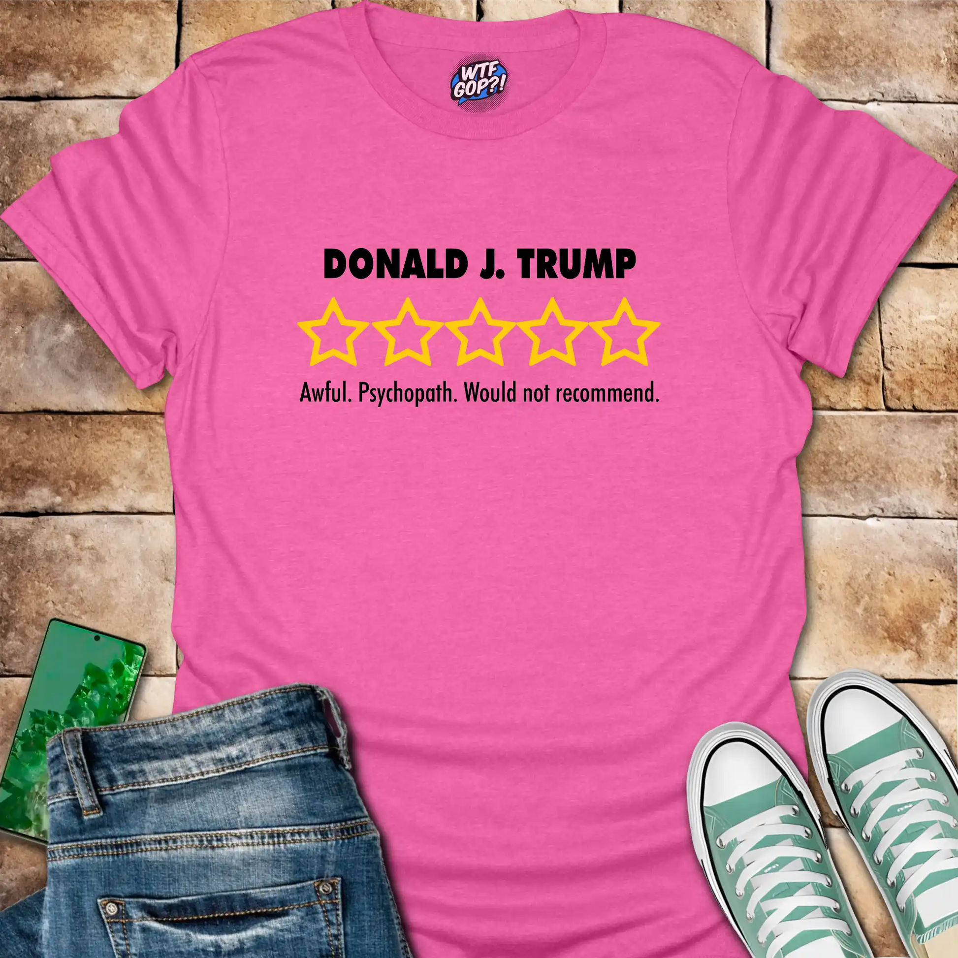 Pink Trump Review t-shirt with empty five-star political critique