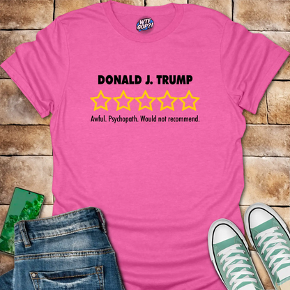 Pink Trump Review t-shirt with empty five-star political critique