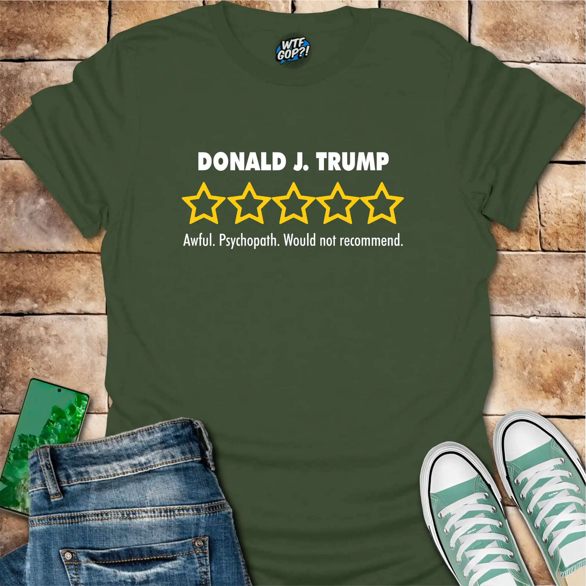 Military Green Trump Review t-shirt with empty five-star political critique