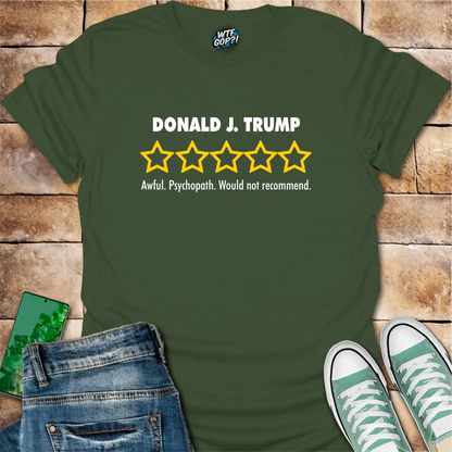 Military Green Trump Review t-shirt with empty five-star political critique