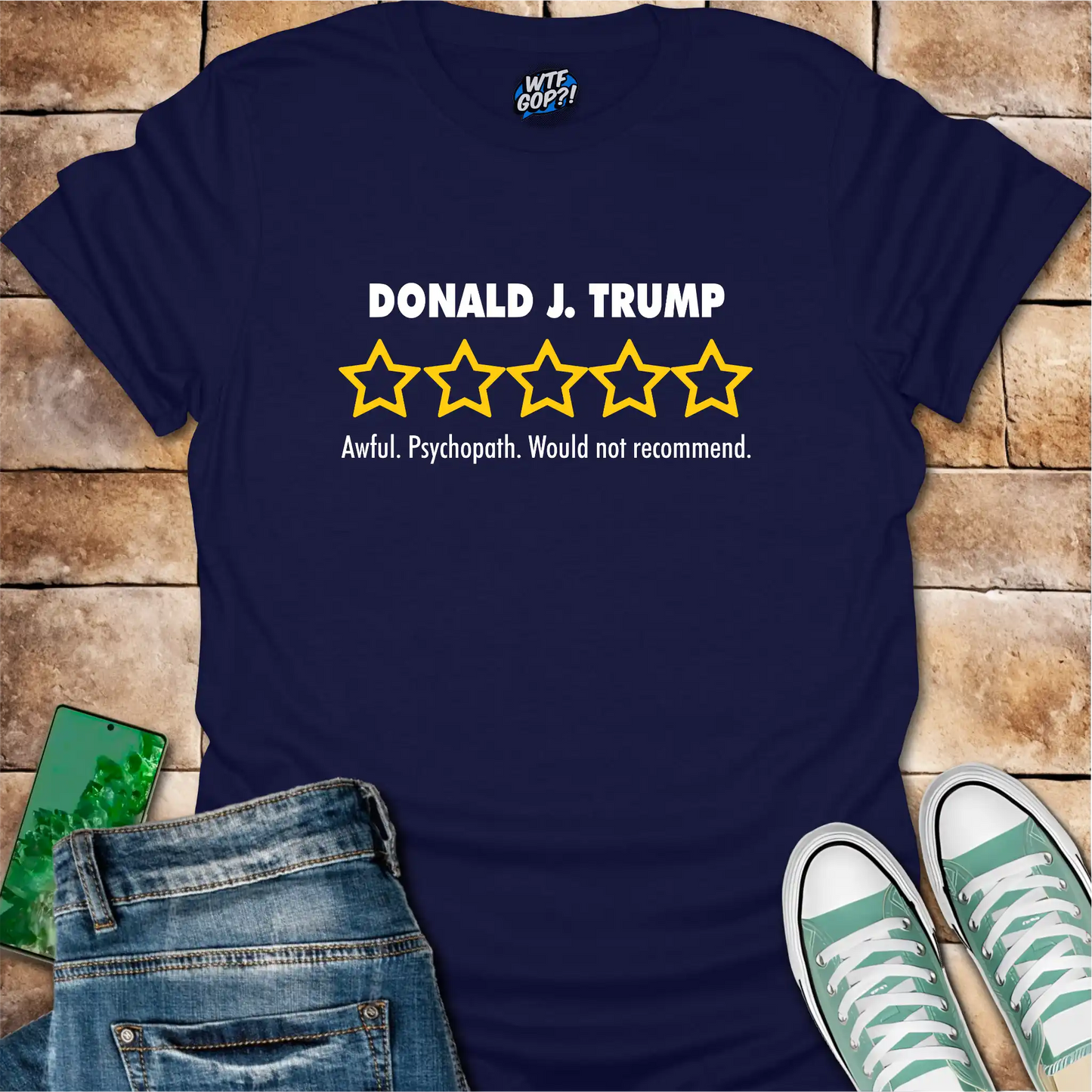 Navy Blue Trump Review t-shirt with empty five-star political critique