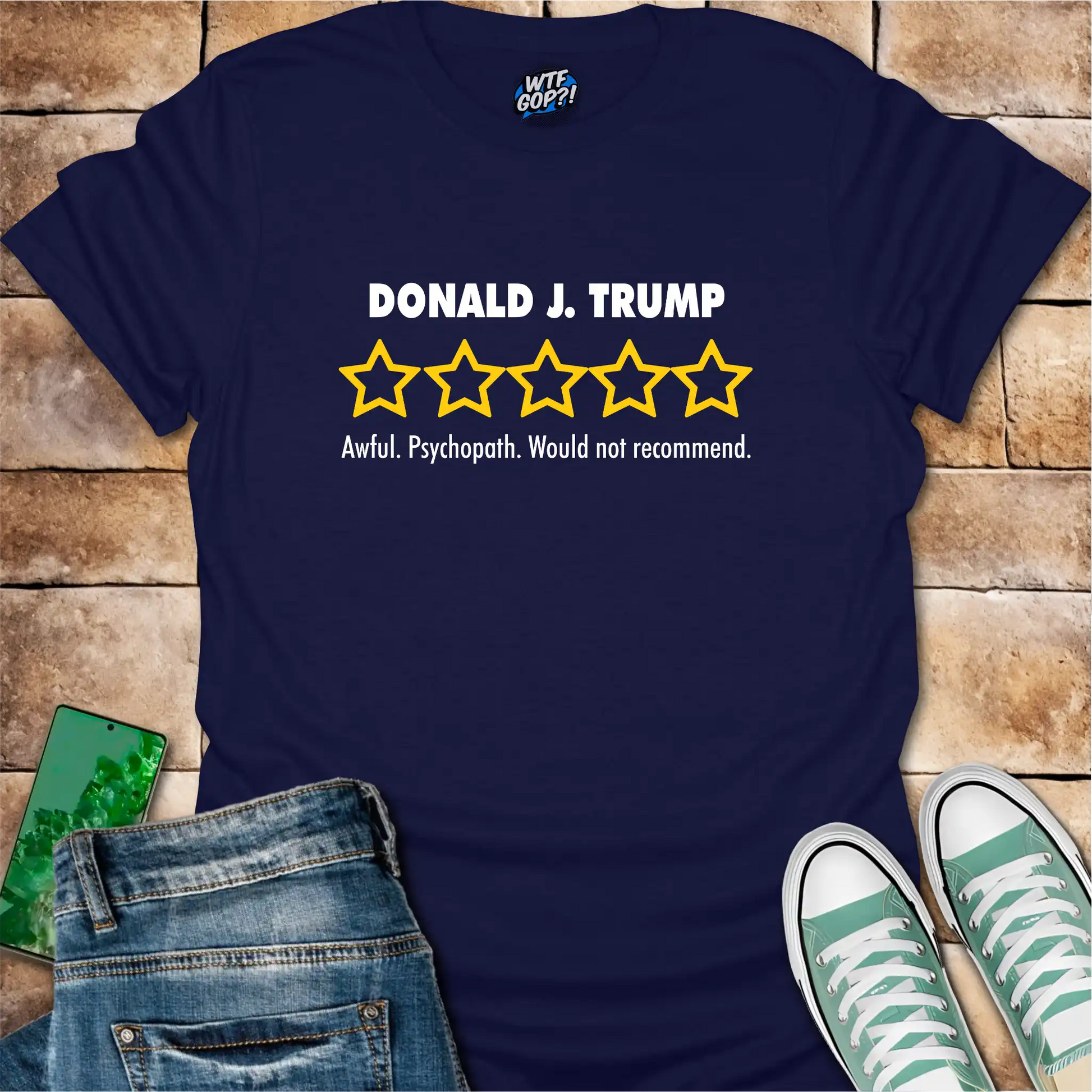 Navy Blue Trump Review t-shirt with empty five-star political critique