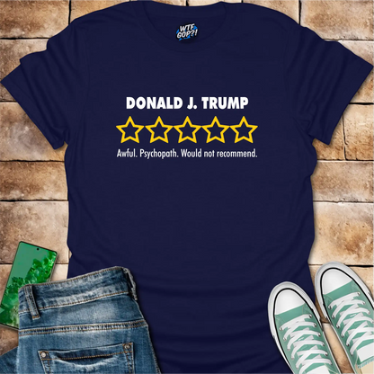 Navy Blue Trump Review t-shirt with empty five-star political critique
