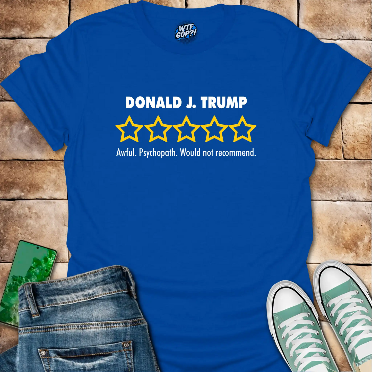 Royal Blue Trump Review t-shirt with empty five-star political critique