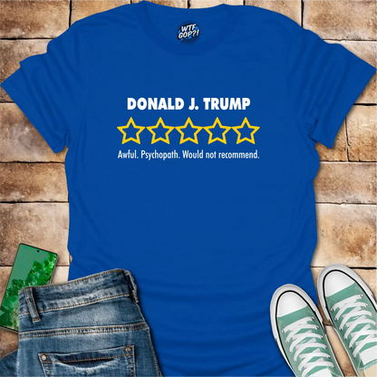 Royal Blue Trump Review t-shirt with empty five-star political critique