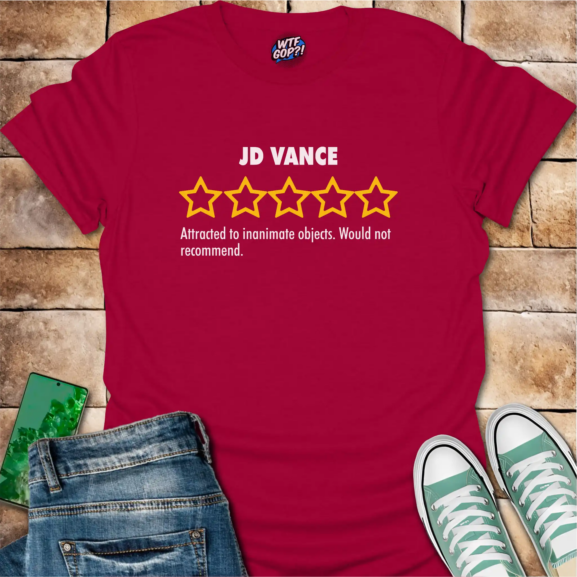 Cherry Red JD Vance Weird t-shirt with yellow five-star rating design