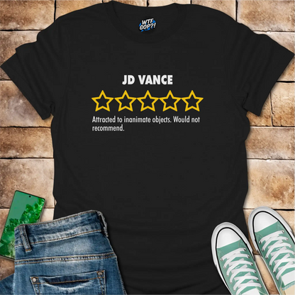Black JD Vance Weird t-shirt with yellow five-star rating design