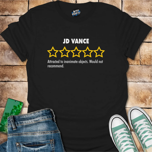 Black JD Vance Weird t-shirt with yellow five-star rating design