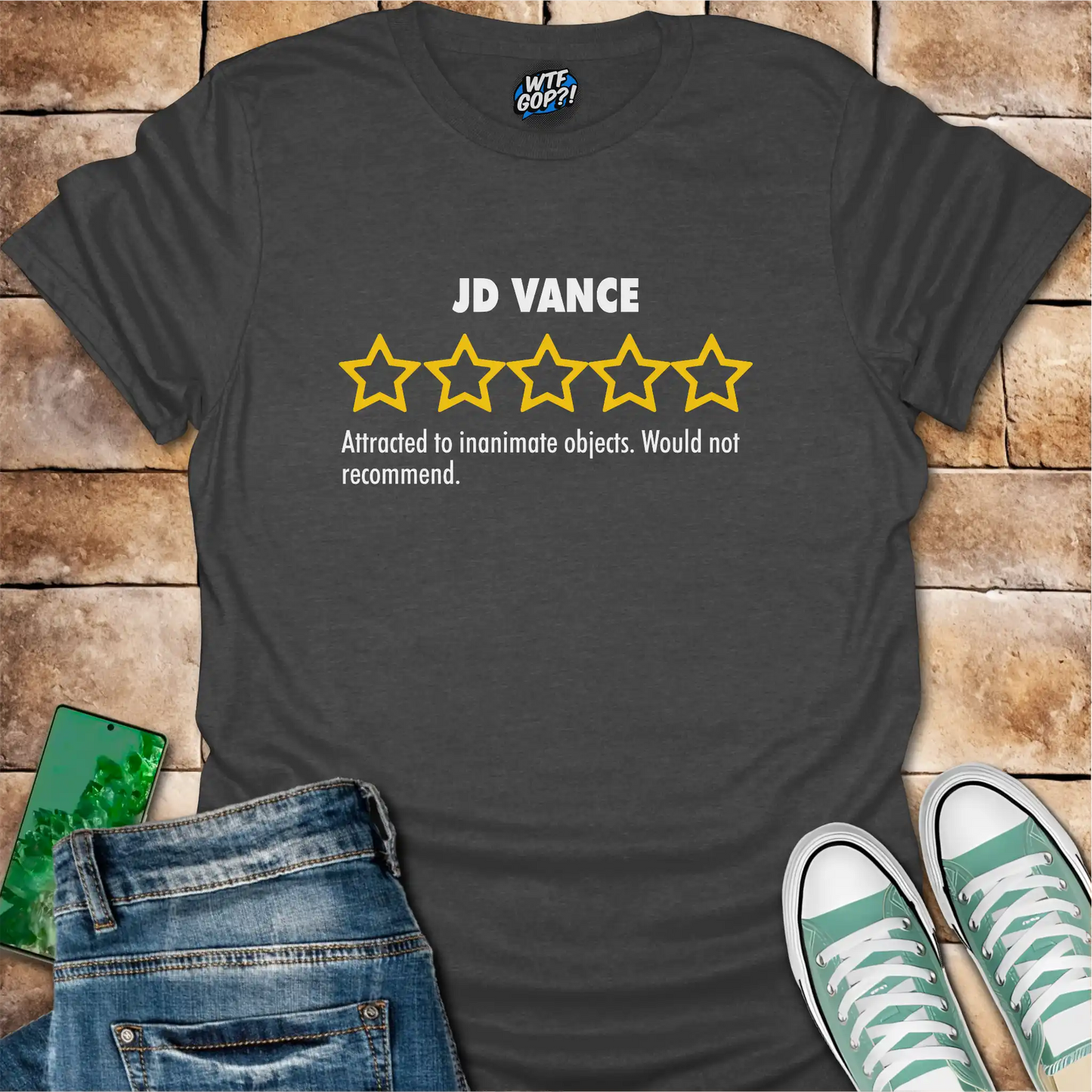Dark Gray JD Vance Weird t-shirt with yellow five-star rating design
