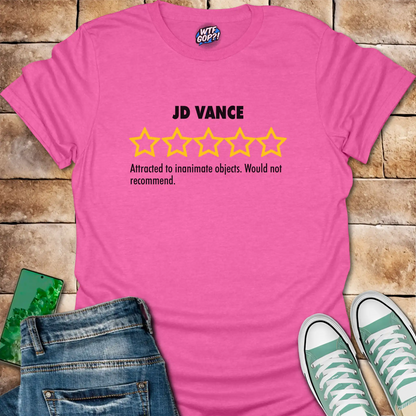 Pink JD Vance Weird t-shirt with yellow five-star rating design