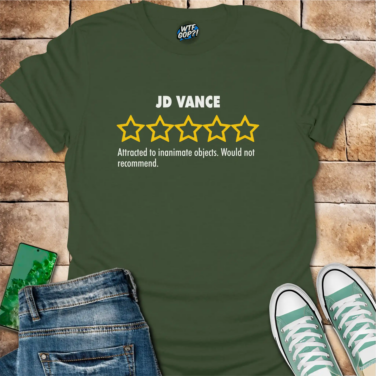 Military Green JD Vance Weird t-shirt with yellow five-star rating design