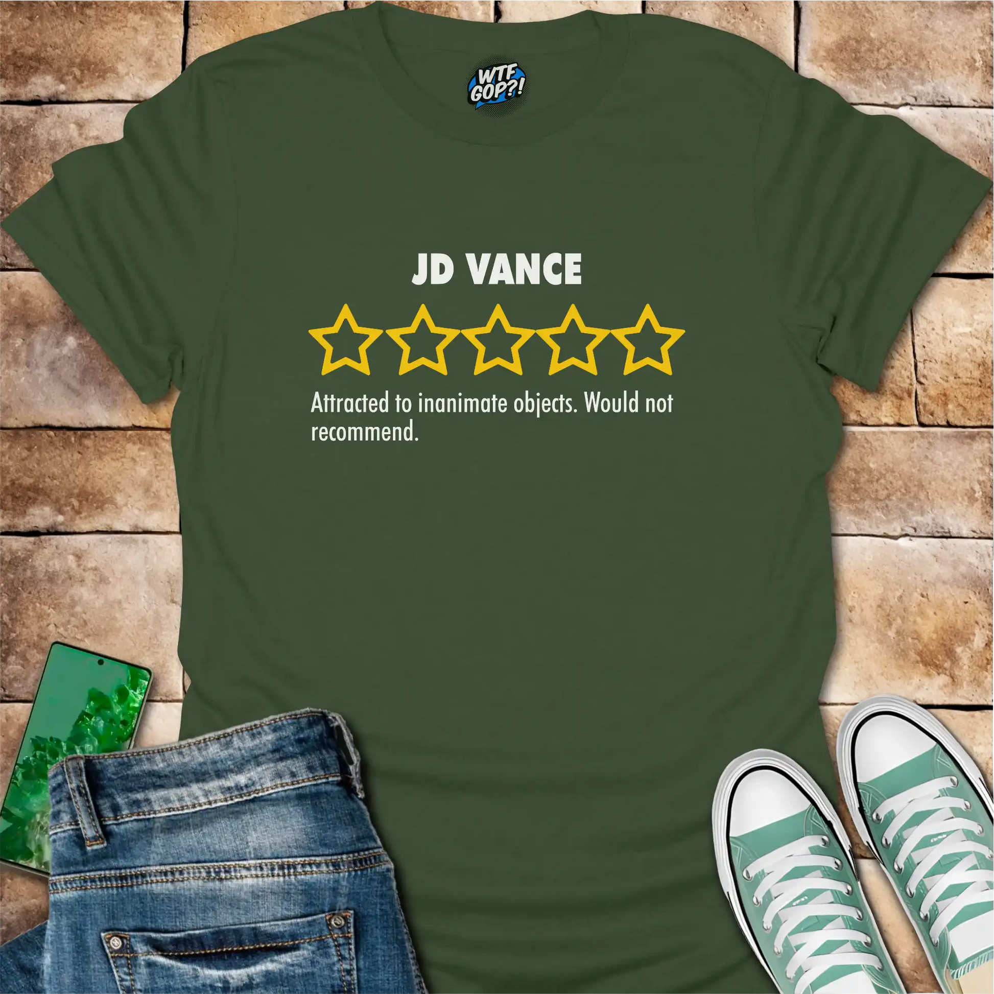 Military Green JD Vance Weird t-shirt with yellow five-star rating design