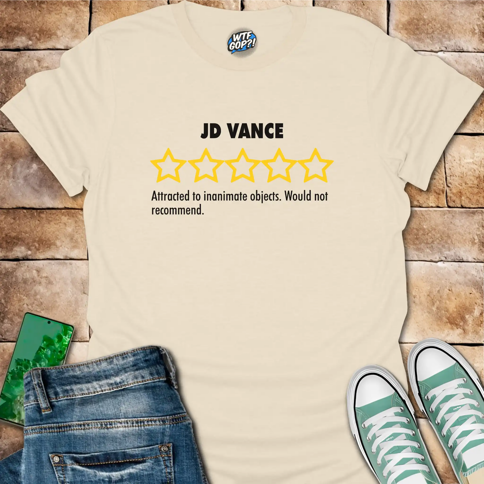 Natural JD Vance Weird t-shirt with yellow five-star rating design
