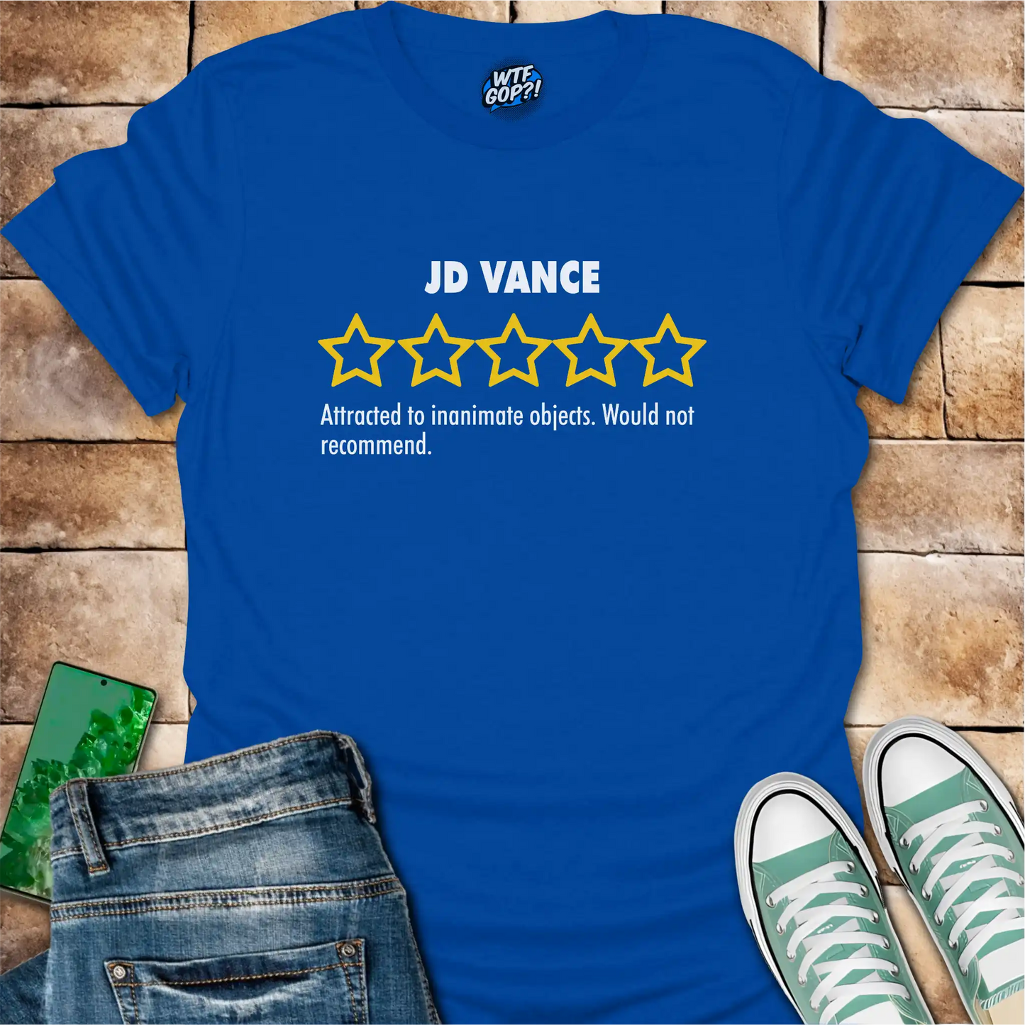 Royal Blue JD Vance Weird t-shirt with yellow five-star rating design