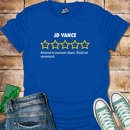 Royal Blue JD Vance Weird t-shirt with yellow five-star rating design