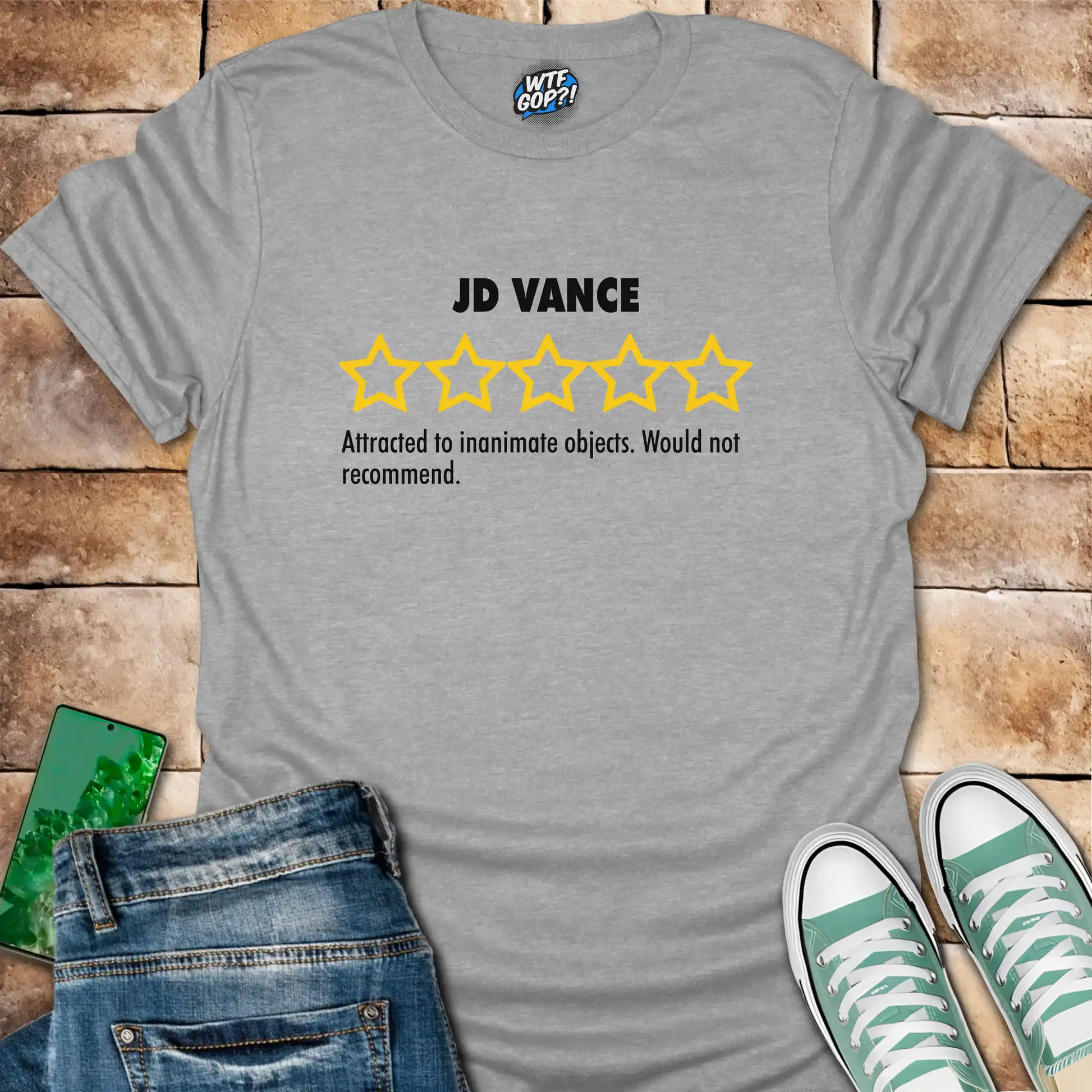 Sport Grey JD Vance Weird t-shirt with yellow five-star rating design