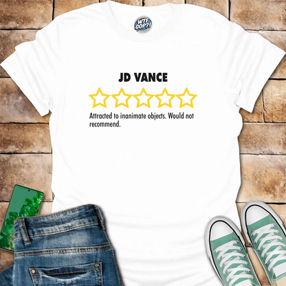 White JD Vance Weird t-shirt with yellow five-star rating design