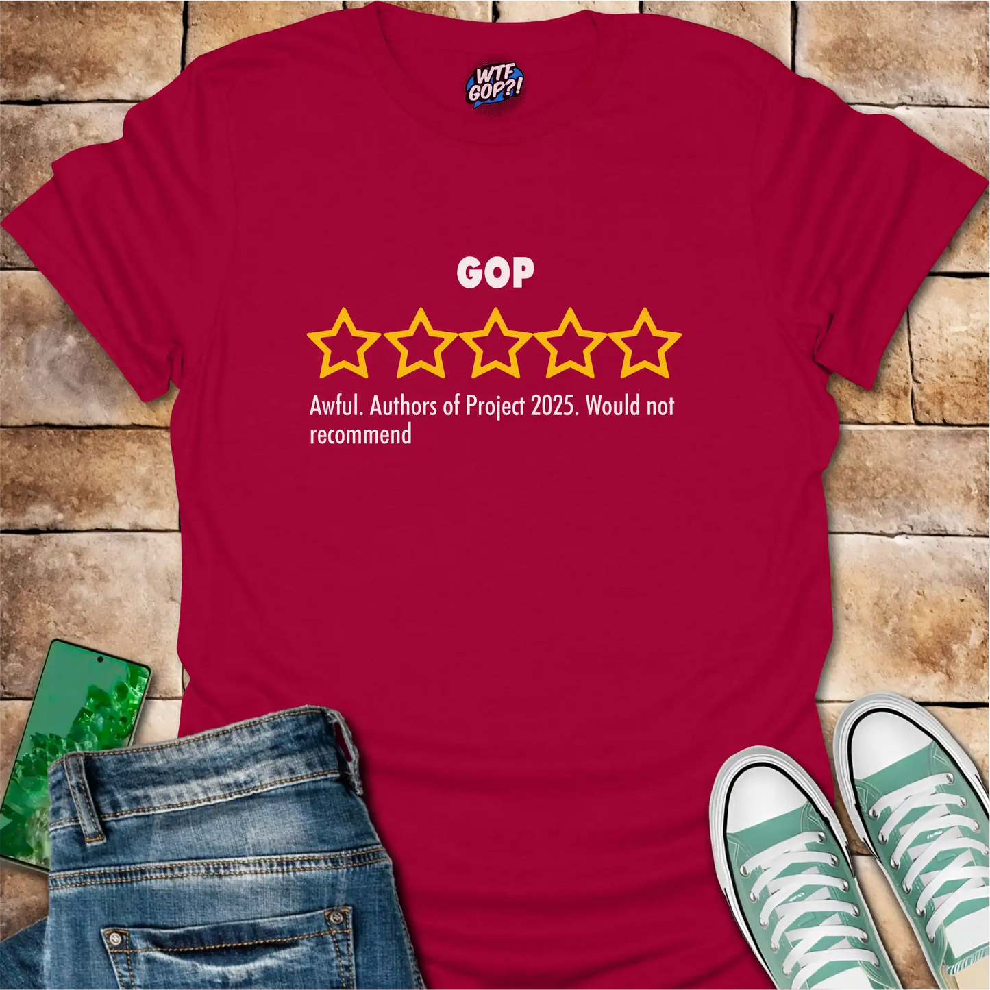 Cherry Red GOP Review t-shirt with empty five-star Project 2025 critique