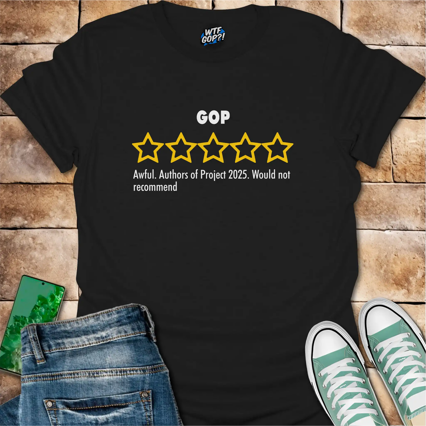 Black GOP Review t-shirt with empty five-star Project 2025 critique