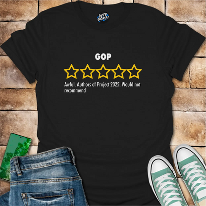 Black GOP Review t-shirt with empty five-star Project 2025 critique