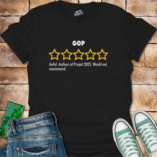 Black GOP Review t-shirt with empty five-star Project 2025 critique