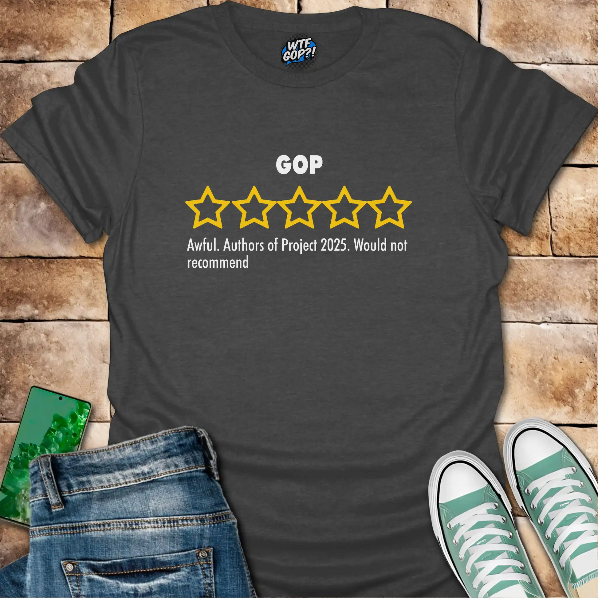 Dark Gray GOP Review t-shirt with empty five-star Project 2025 critique