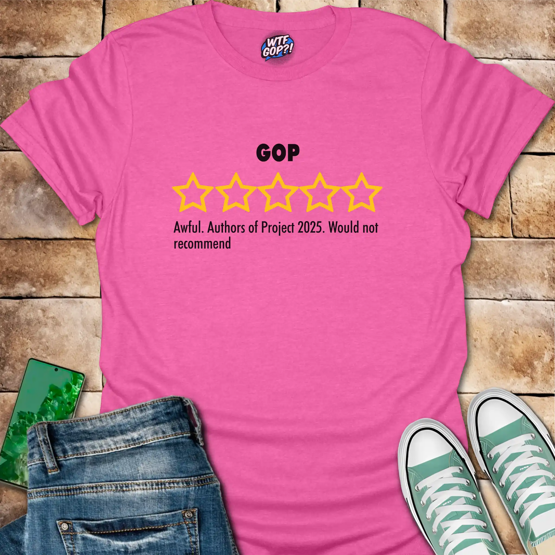 Pink GOP Review t-shirt with empty five-star Project 2025 critique