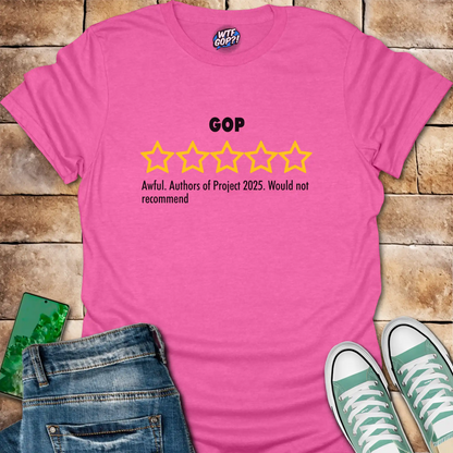 Pink GOP Review t-shirt with empty five-star Project 2025 critique