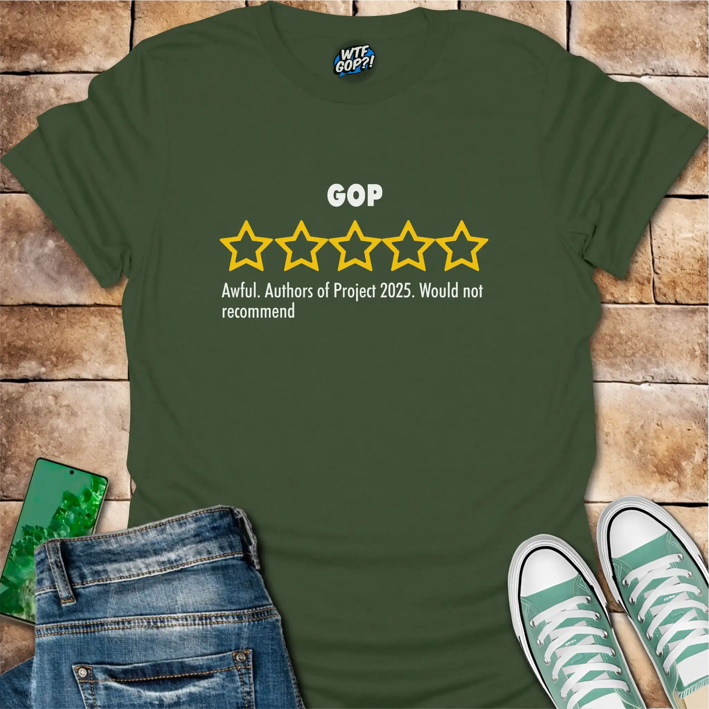 Military GreenGOP Review t-shirt with empty five-star Project 2025 critique