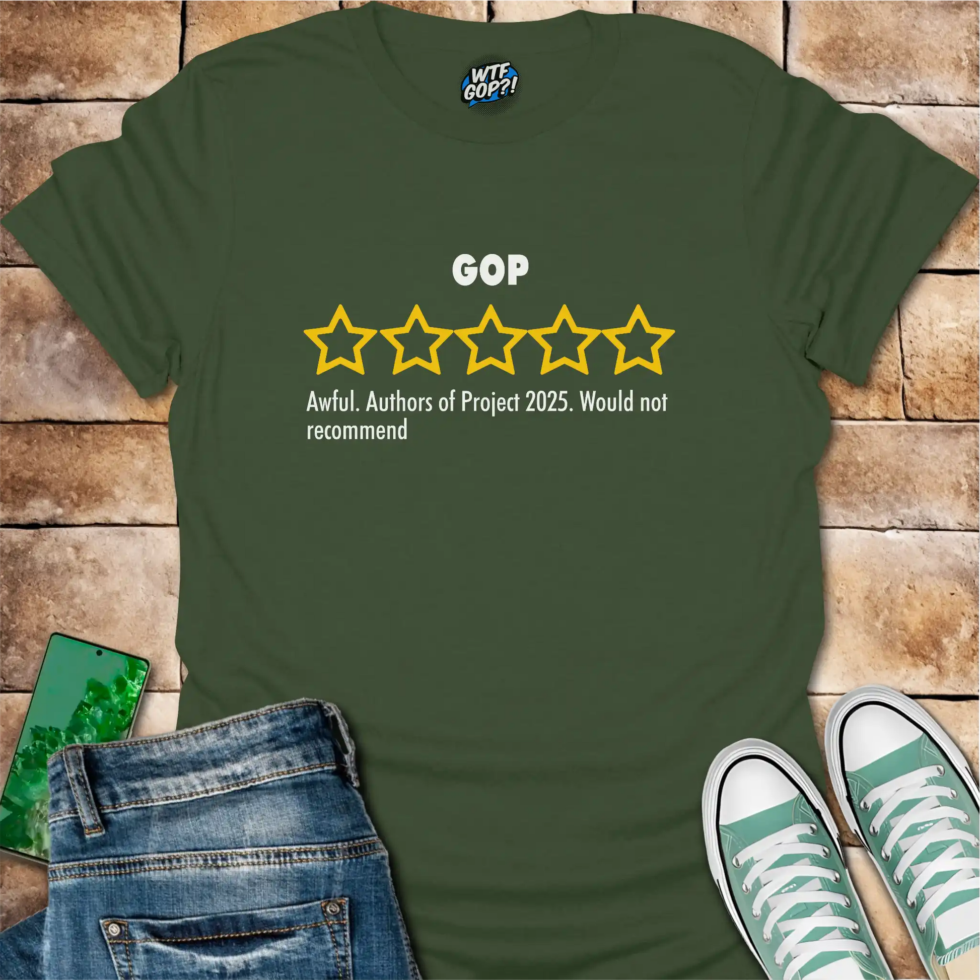 Military GreenGOP Review t-shirt with empty five-star Project 2025 critique