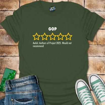 Military GreenGOP Review t-shirt with empty five-star Project 2025 critique