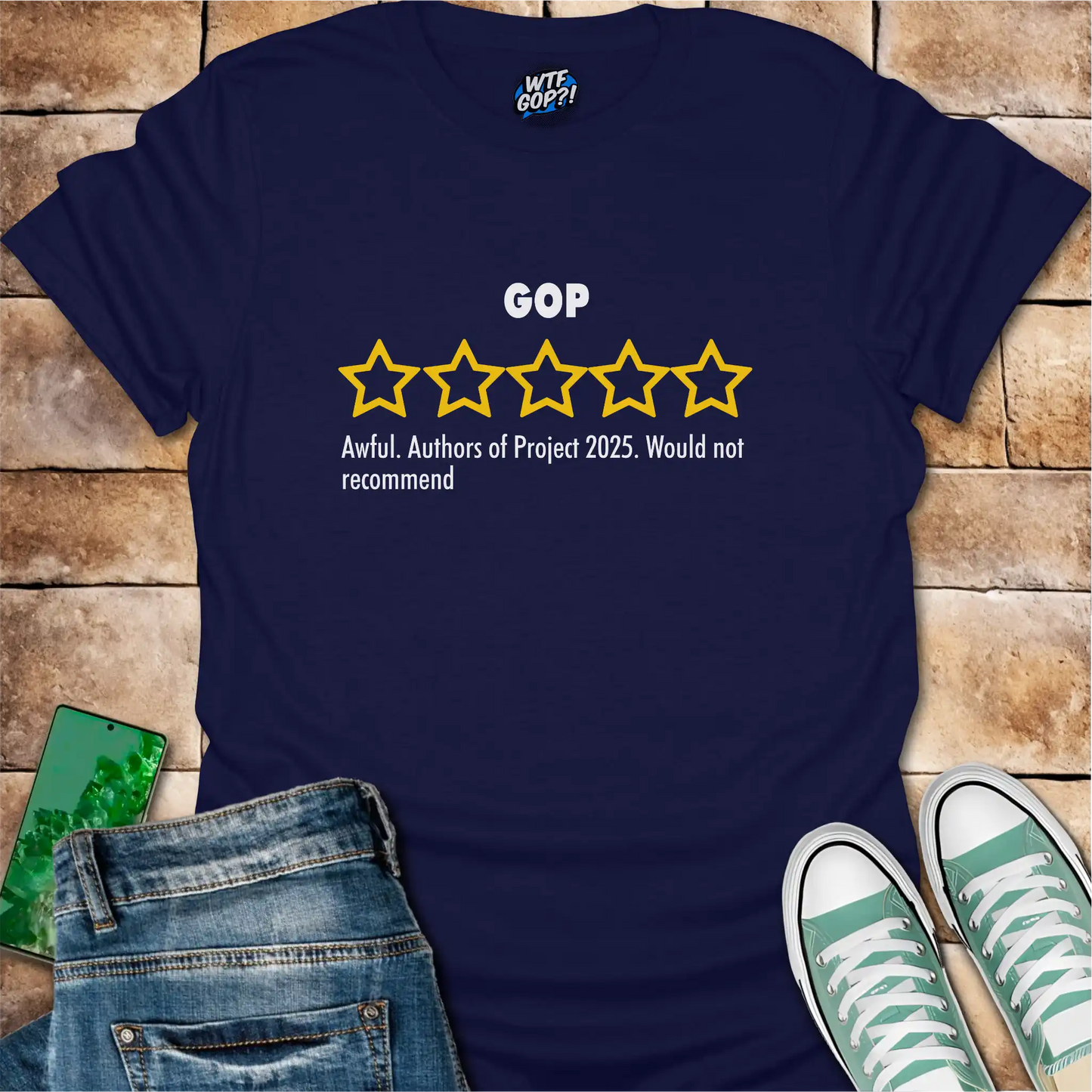 Navy GOP Review t-shirt with empty five-star Project 2025 critique