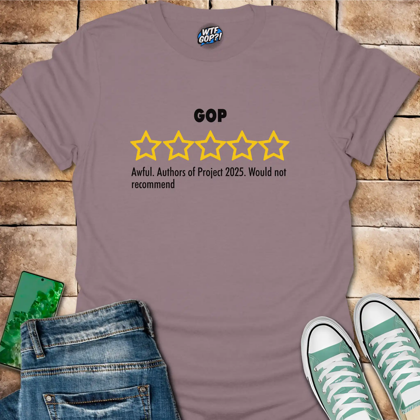 Paragon GOP Review t-shirt with empty five-star Project 2025 critique