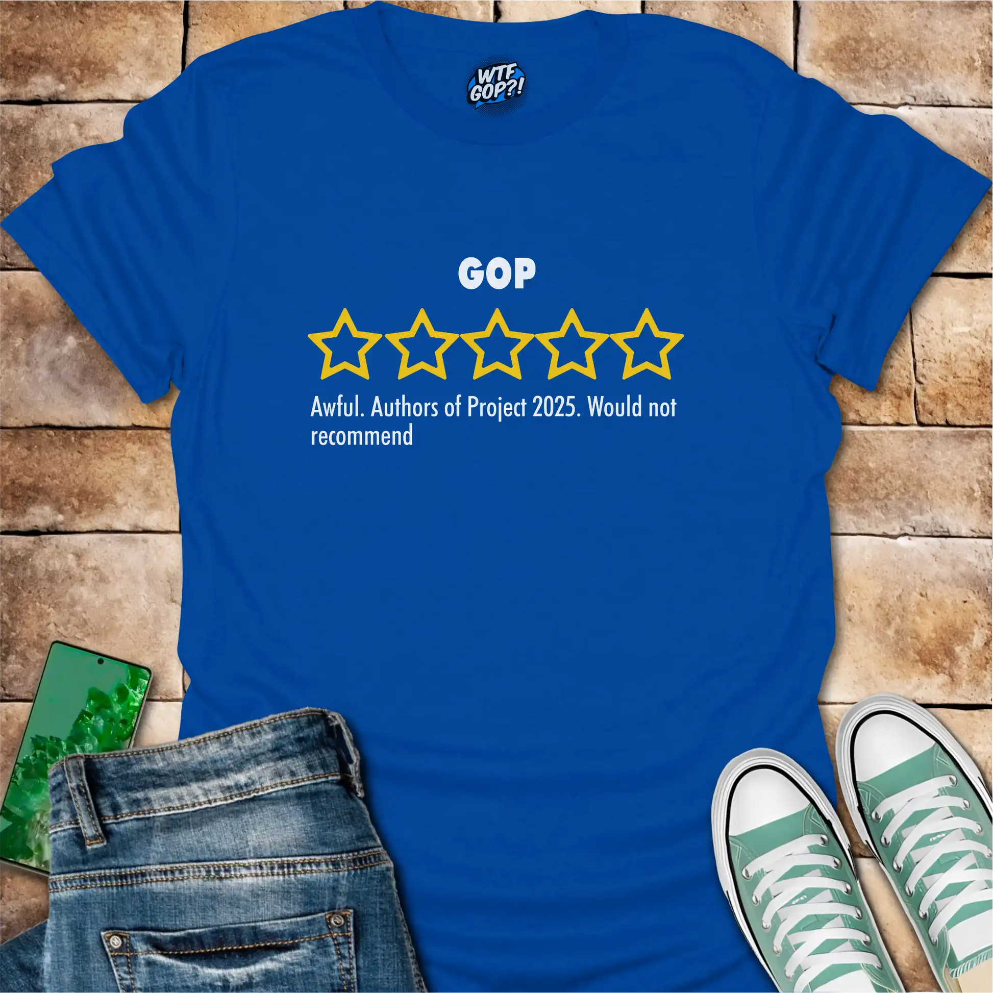 Royal Blue GOP Review t-shirt with empty five-star Project 2025 critique