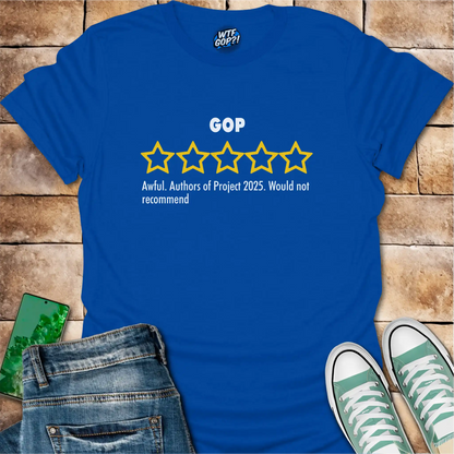 Royal Blue GOP Review t-shirt with empty five-star Project 2025 critique