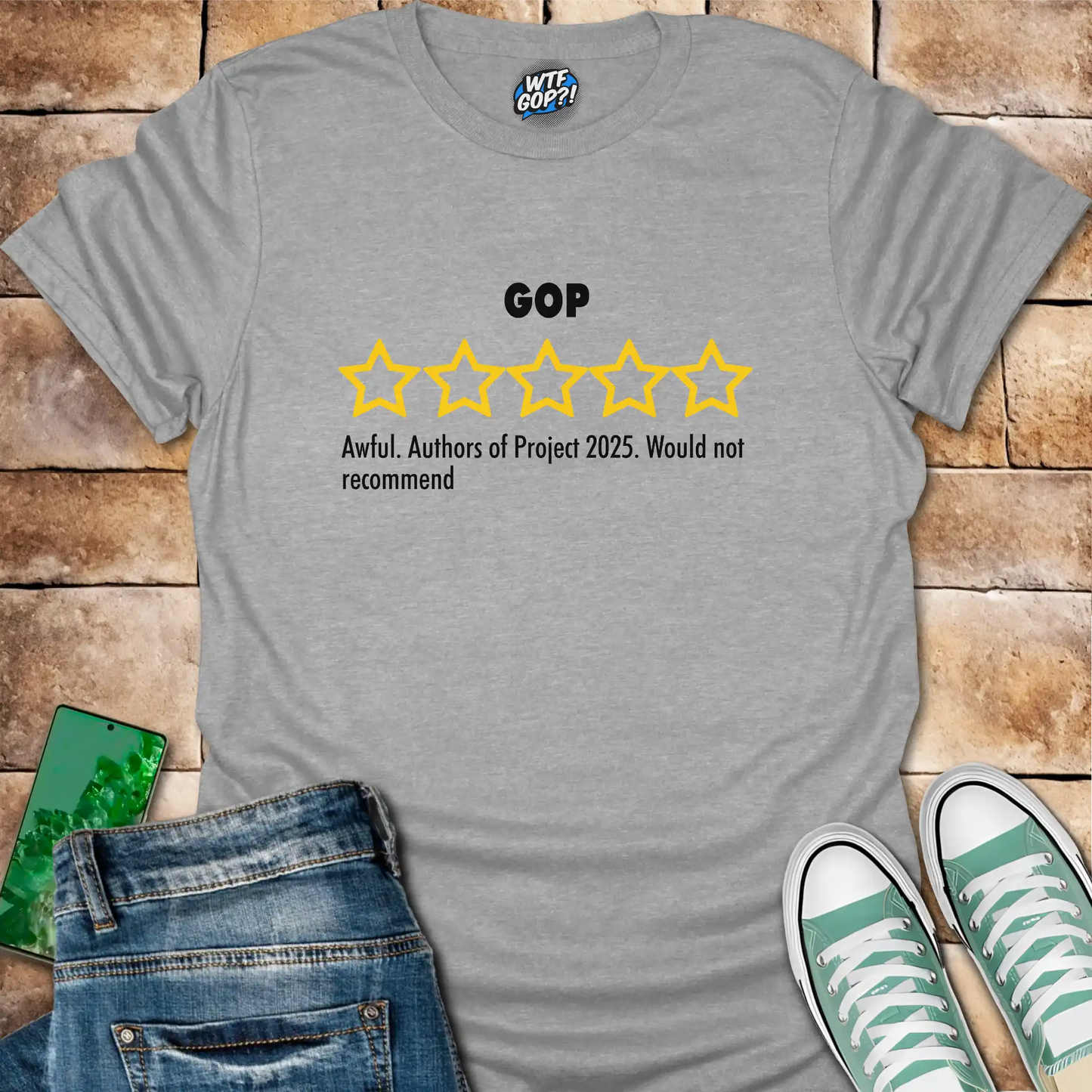 Sport Grey GOP Review t-shirt with empty five-star Project 2025 critique